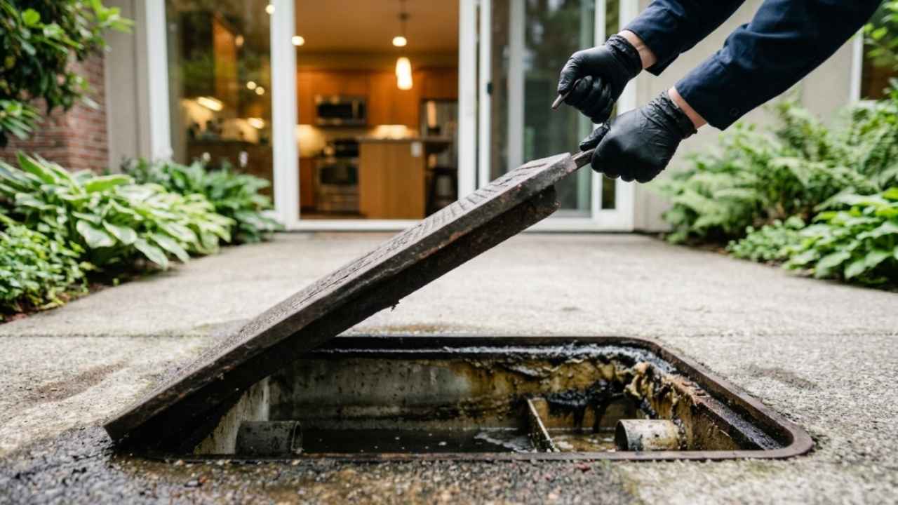 Caixa de gordura com mau cheiro em área externa de residência