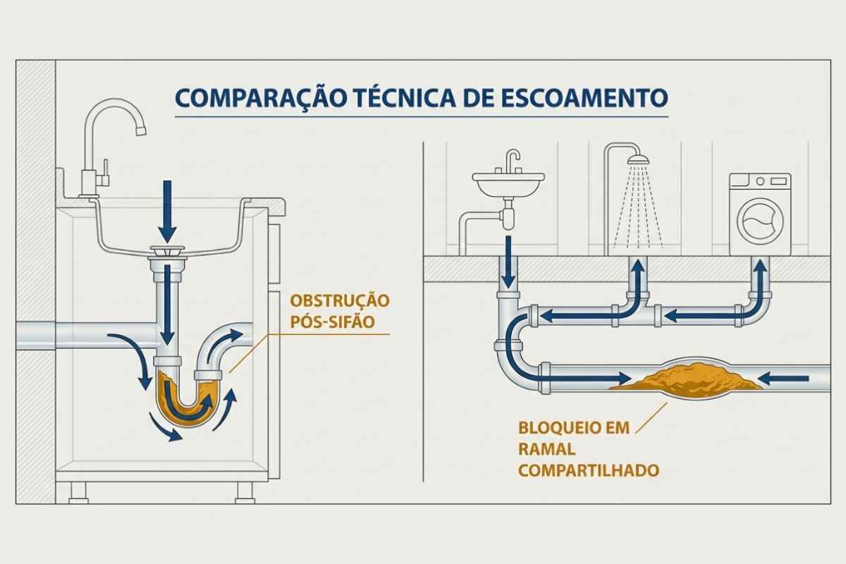 Comparação visual entre entupimento localizado na pia e obstrução no ramal de esgoto