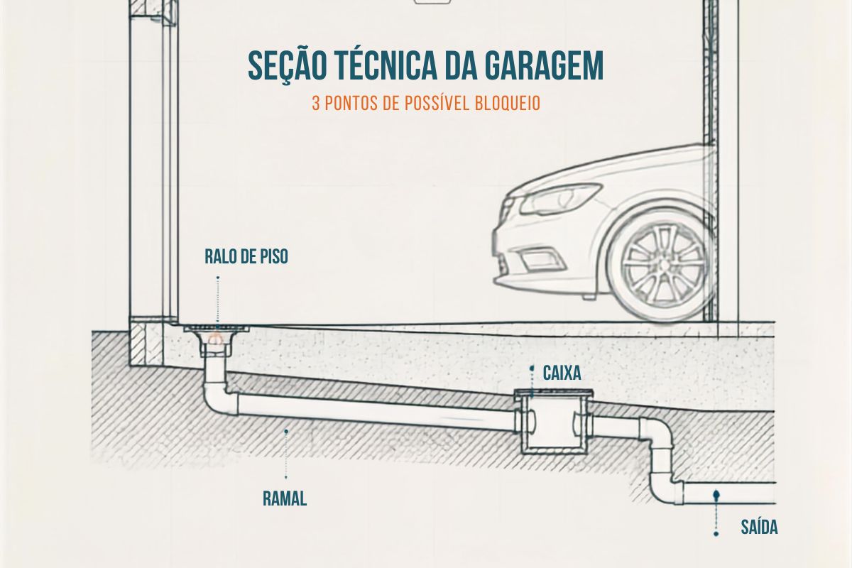 Esquema técnico mostrando possíveis pontos de entupimento em ralo de garagem