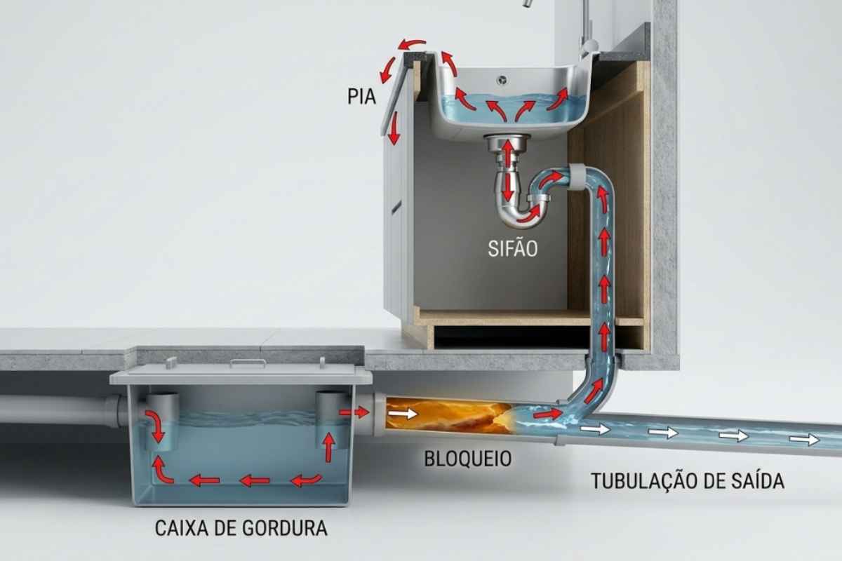Esquema técnico mostrando água retornando pela pia após obstrução no ramal