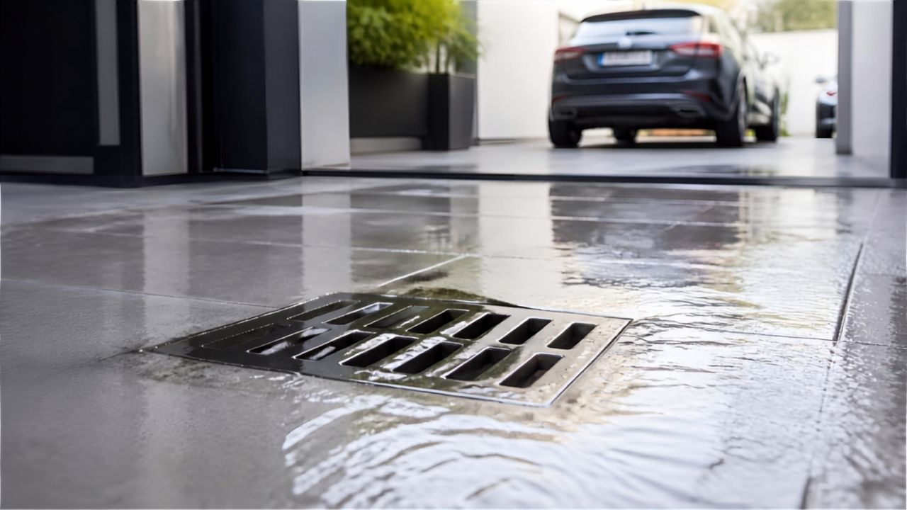 Ralo de garagem entupido na Vila Romana com água acumulada no piso