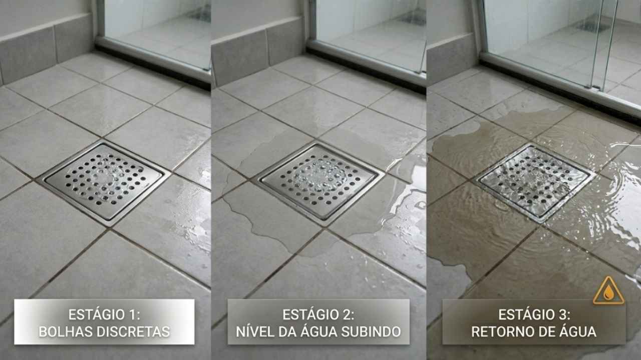 Evolução do ralo borbulhando até o retorno de água após descarga