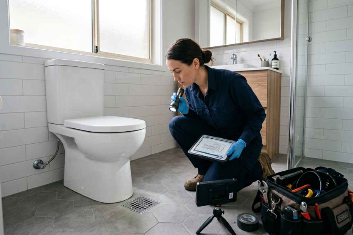 Técnico avaliando ralo e vaso sanitário após retorno na descarga