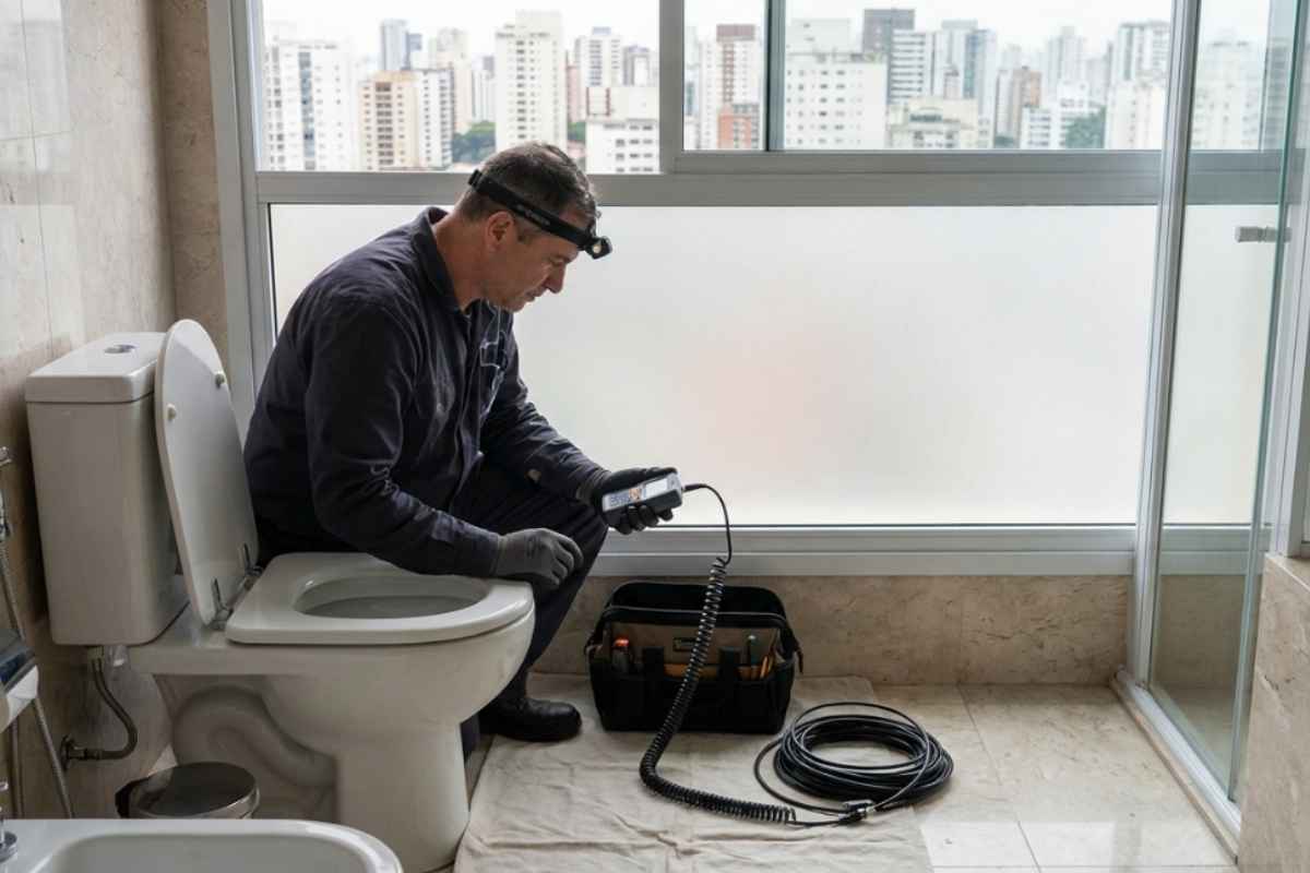 Técnico avaliando vaso sanitário entupido no Campo Belo