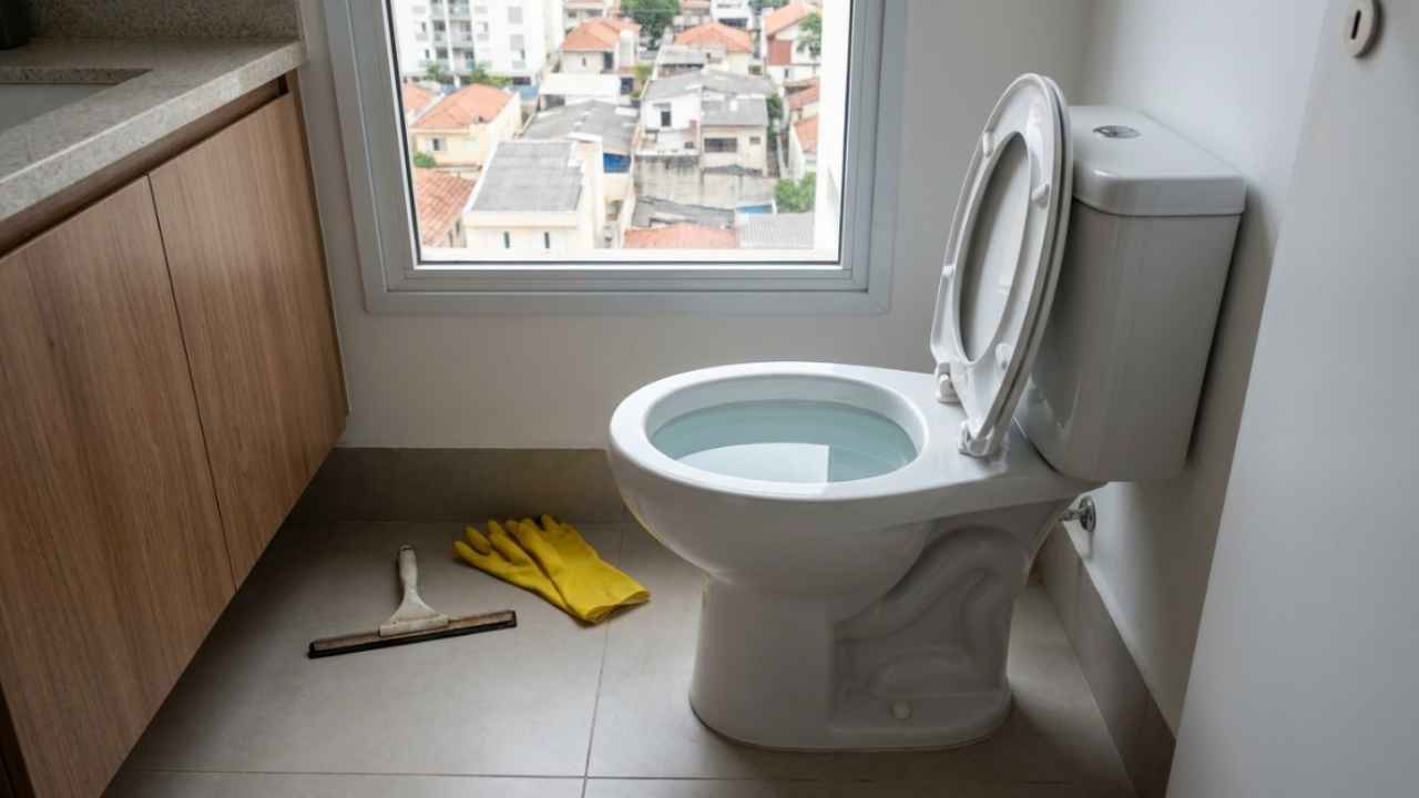 Vaso sanitário entupido com nível de água elevado em banheiro no Campo Belo