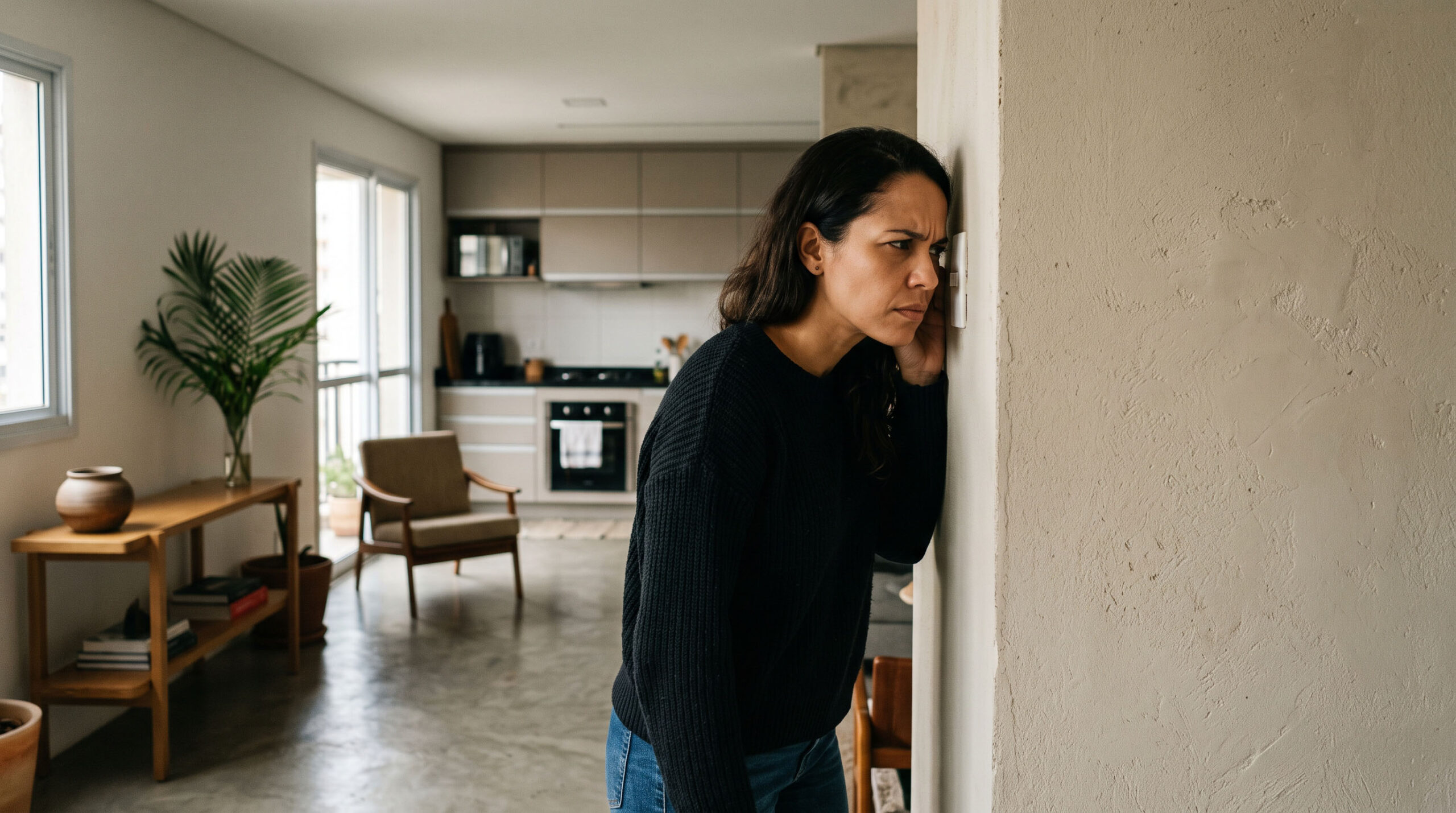 Fotografia horizontal 16:9 extremamente realista de interior residencial contemporâneo em São Paulo, pessoa de perfil próxima a uma parede prestando atenção a um som interno, expressão concentrada, pequena área de pintura aparentemente normal sem dramatização, iluminação natural, estética editorial documental premium, sem textos e sem logotipos.