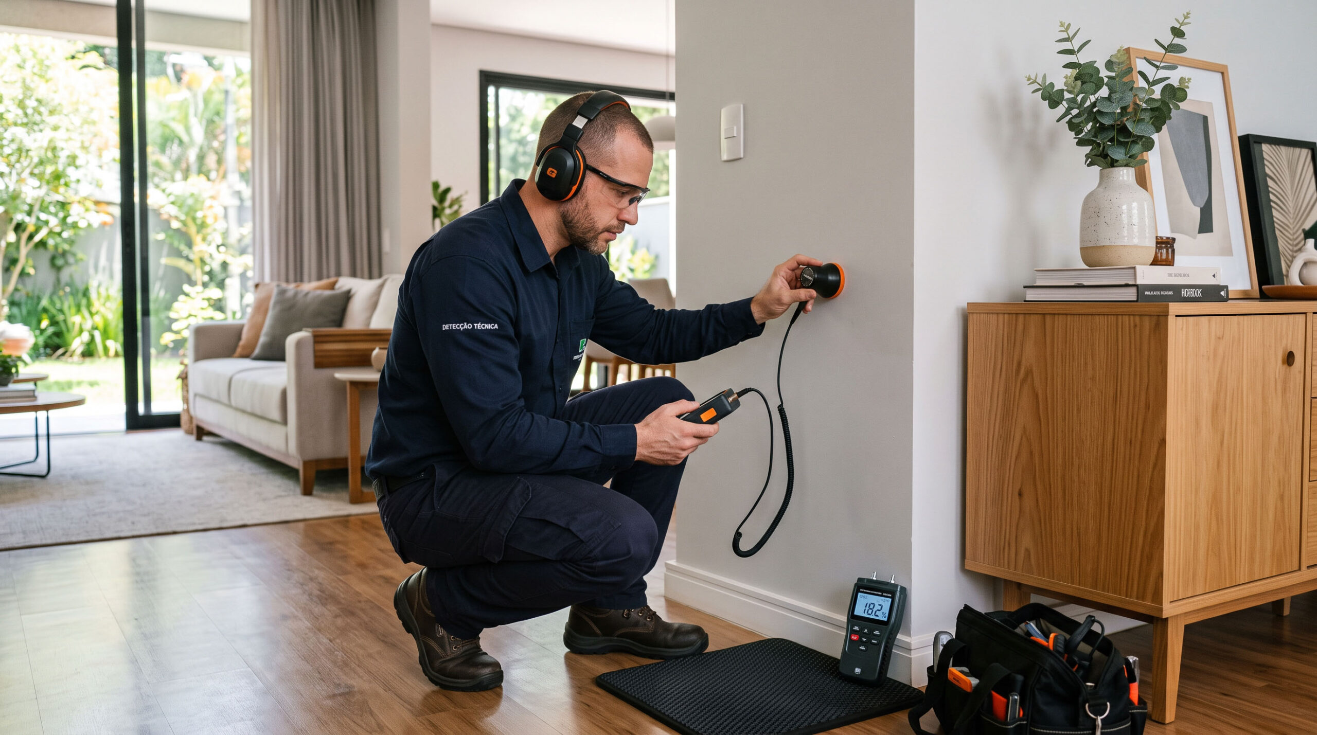 Técnico usando equipamento para localizar vazamento na parede na Lapa