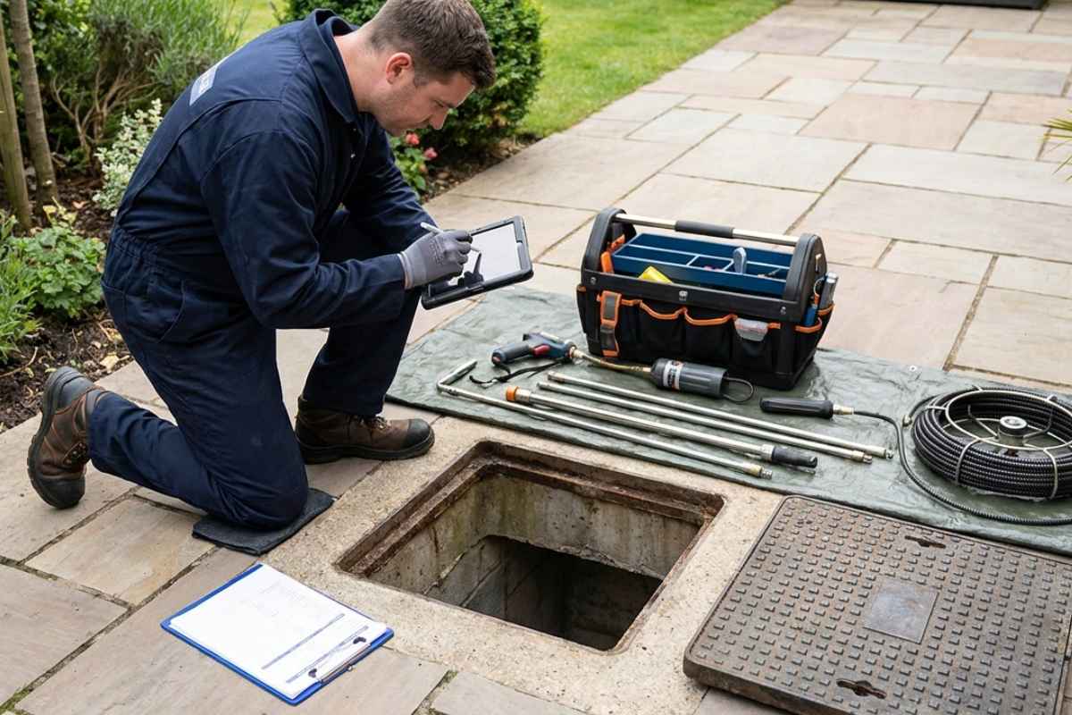 Técnico avaliando tubulação antes do orçamento de desentupimento