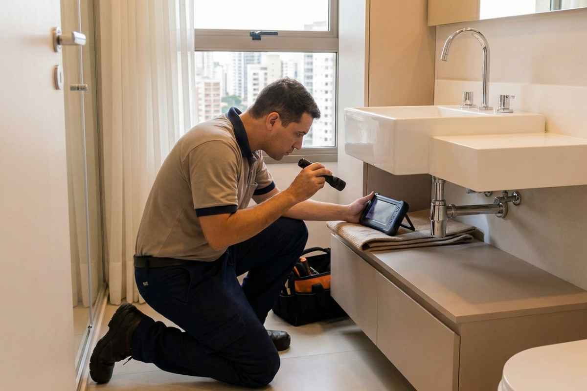 Técnico avaliando entupimento em apartamento em São Paulo
