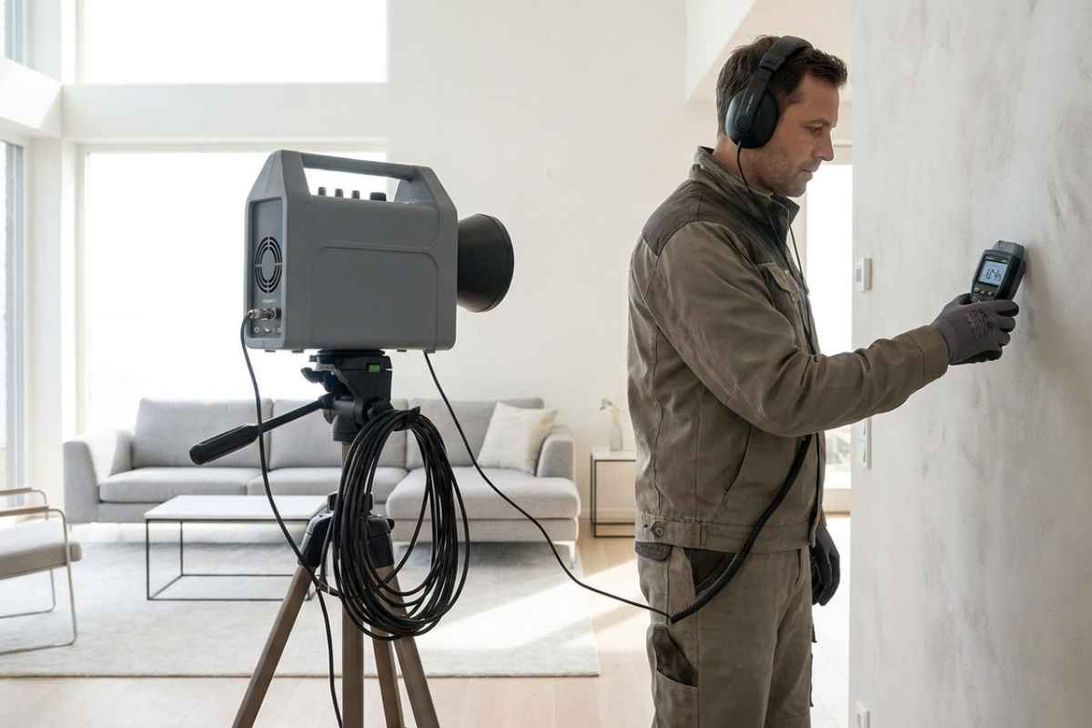 Geofone e medidor de umidade usados para localizar vazamento