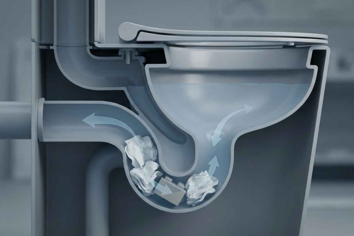 Objeto preso no sifão de vaso sanitário causando entupimento forte
