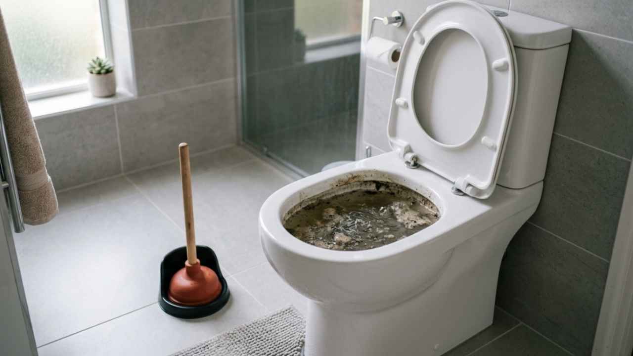 Privada muito entupida com nível de água alto no vaso sanitário