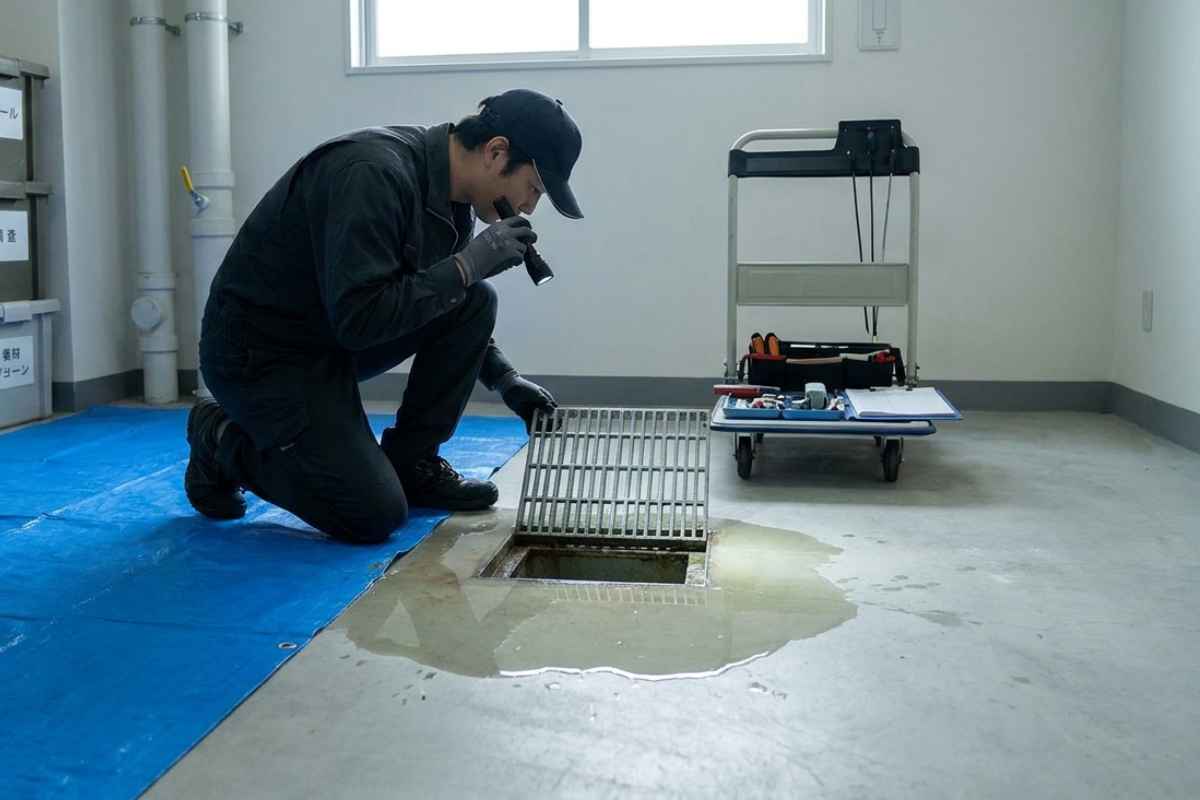 Técnico verificando refluxo de esgoto em apartamento em São Paulo