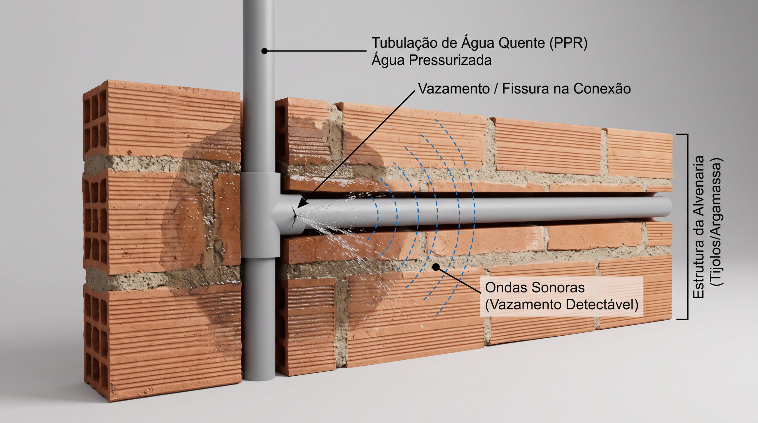  Corte técnico mostrando vazamento oculto dentro de parede