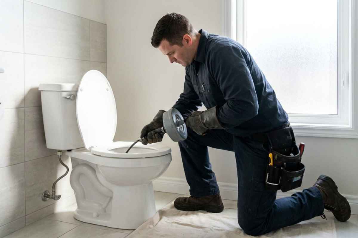 Técnico realizando desentupimento profissional de vaso sanitário muito entupido