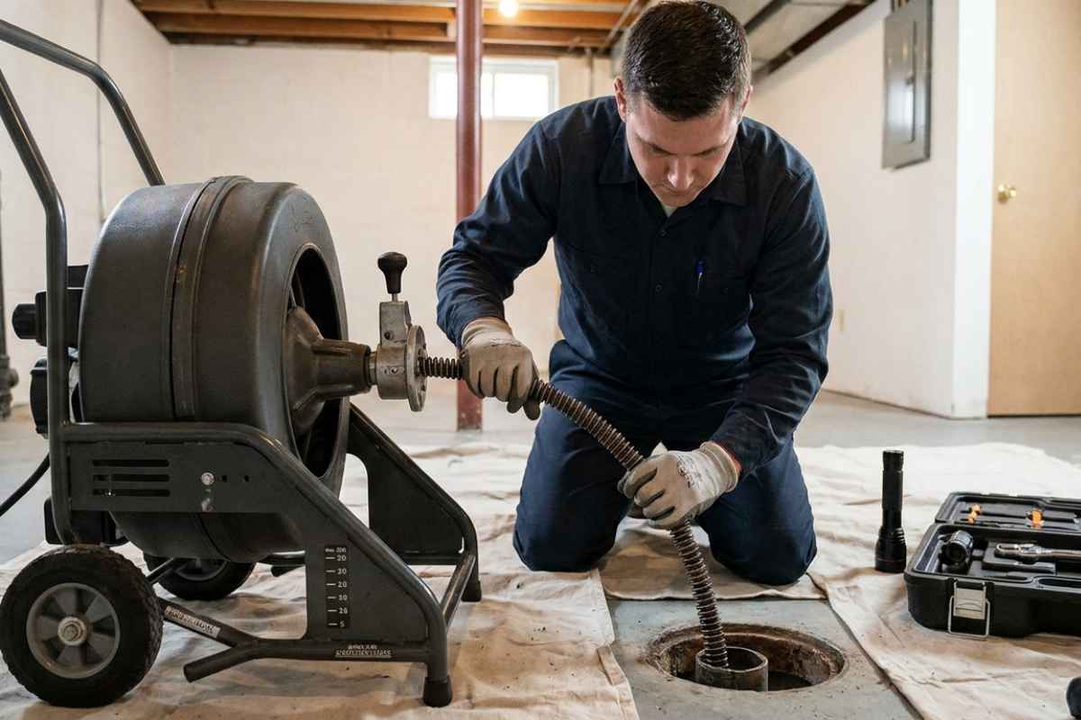 Técnico conferindo extensão do cabo durante desentupimento em São Paulo