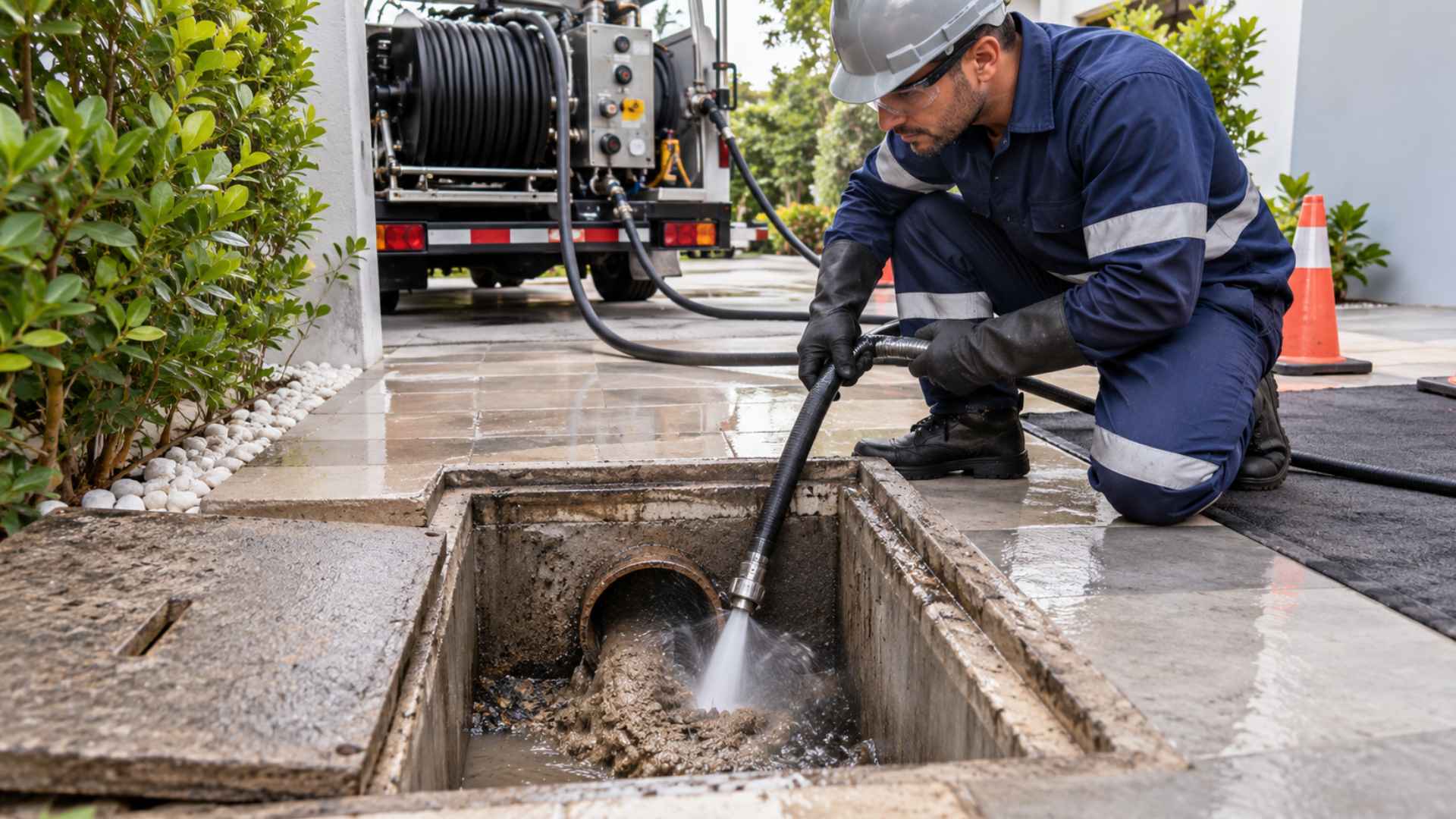 Técnico realizando hidrojateamento em tubulação com areia e barro