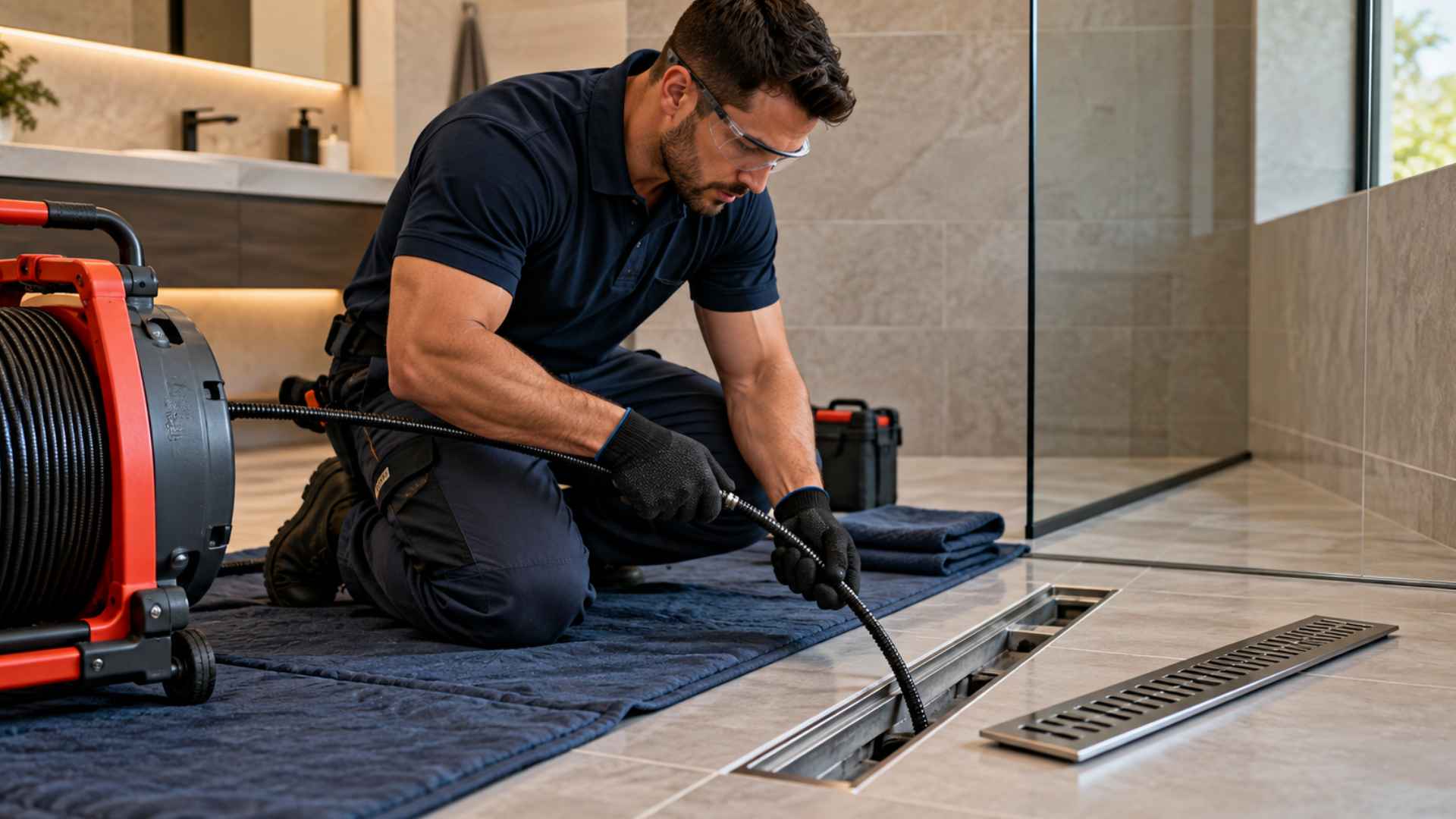Técnico realizando desentupimento de ralo linear