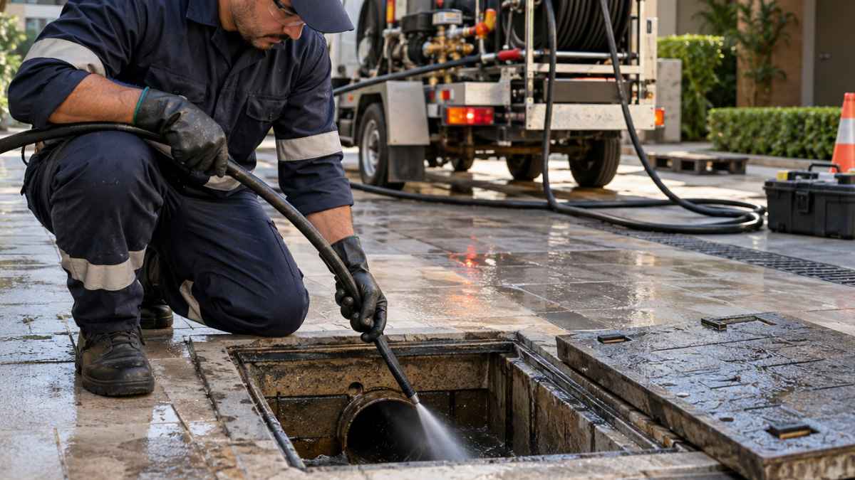 Técnico realizando hidrojateamento em tubulação com entupimento recorrente