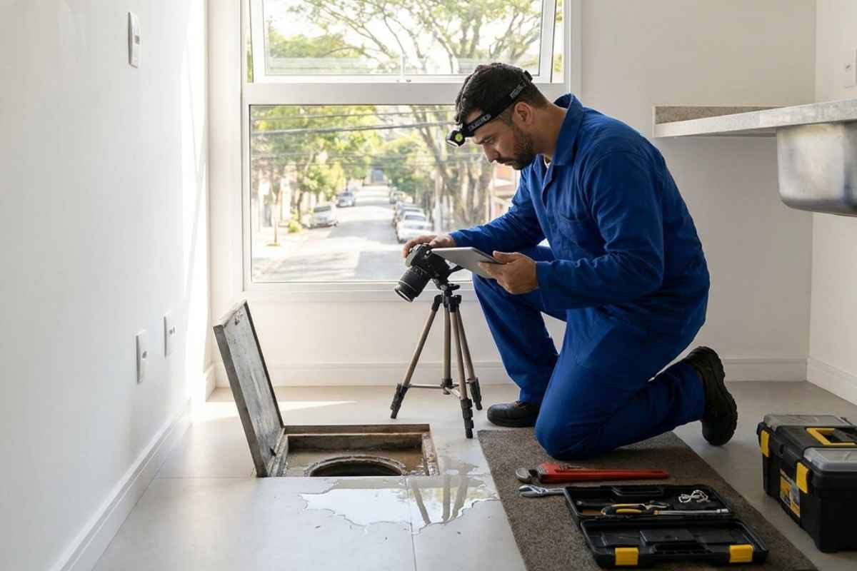 Técnico avaliando esgoto entupido em imóvel na Saúde em São Paulo