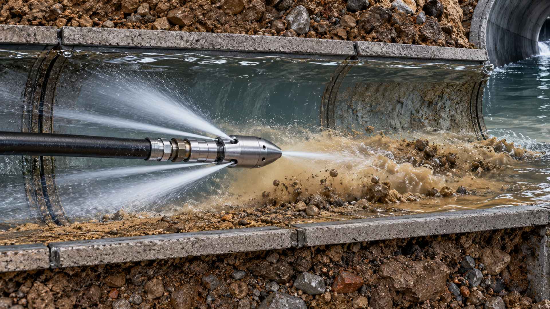 Hidrojateamento removendo sedimentos de tubulação de esgoto