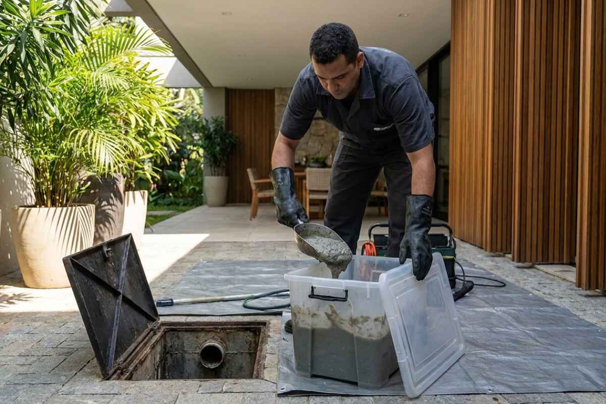 Técnico realizando limpeza de caixa de gordura no Morumbi