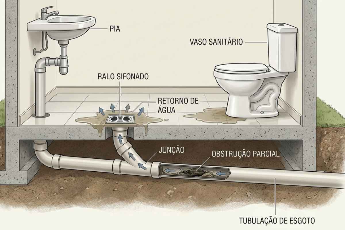 Corte técnico mostrando obstrução após a conexão de vários ralos