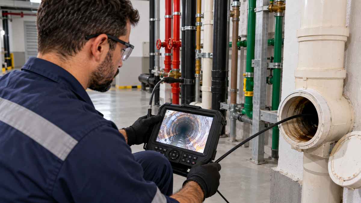 Técnico realizando vídeo inspeção de esgoto em São Paulo