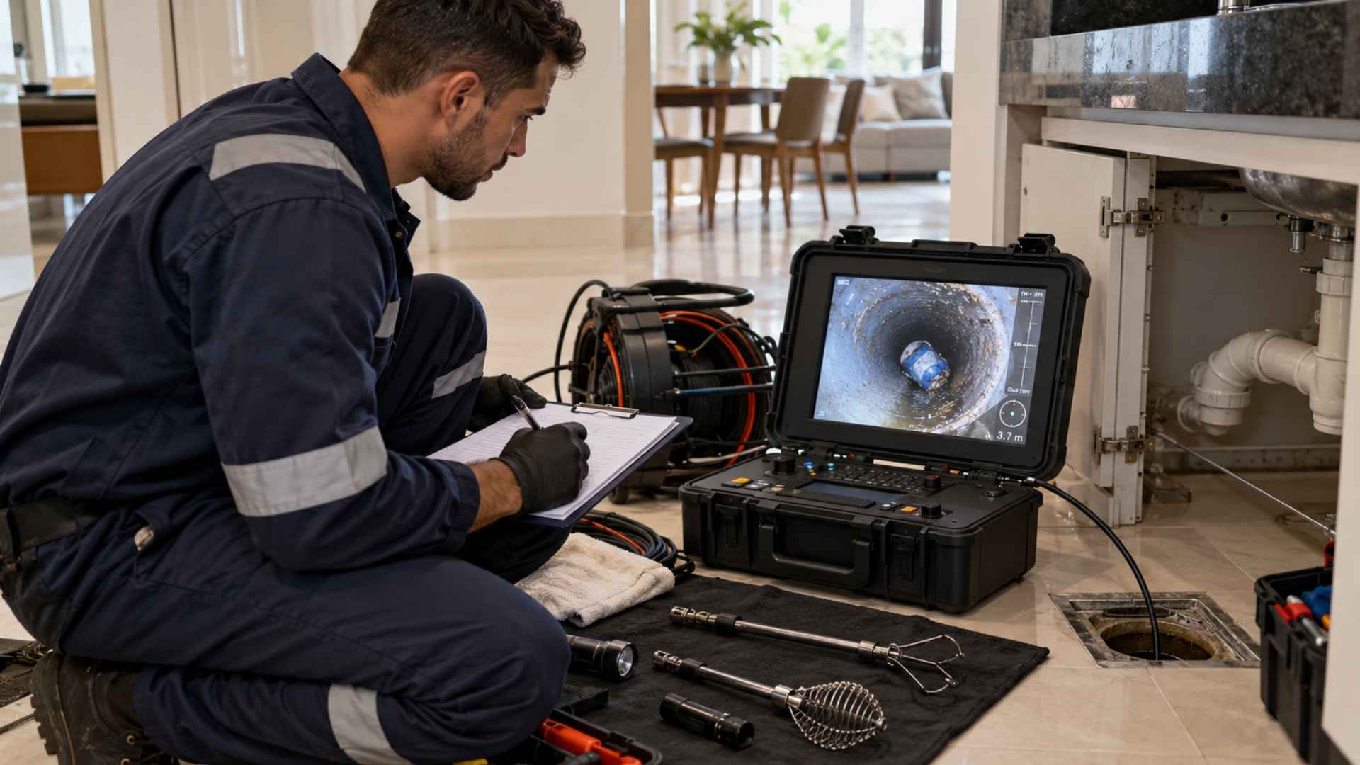 Técnico analisando objeto localizado por vídeo inspeção