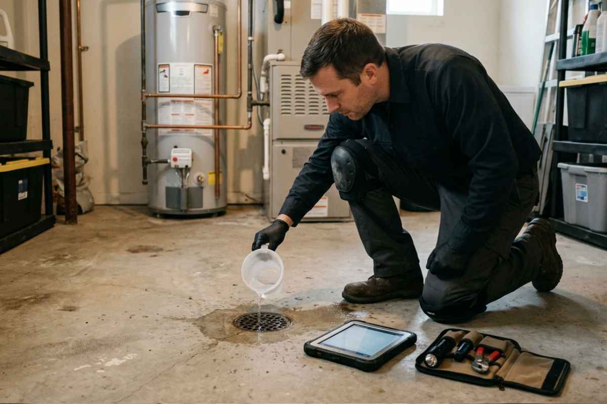 Técnico realizando desentupimento de ralo em Santana